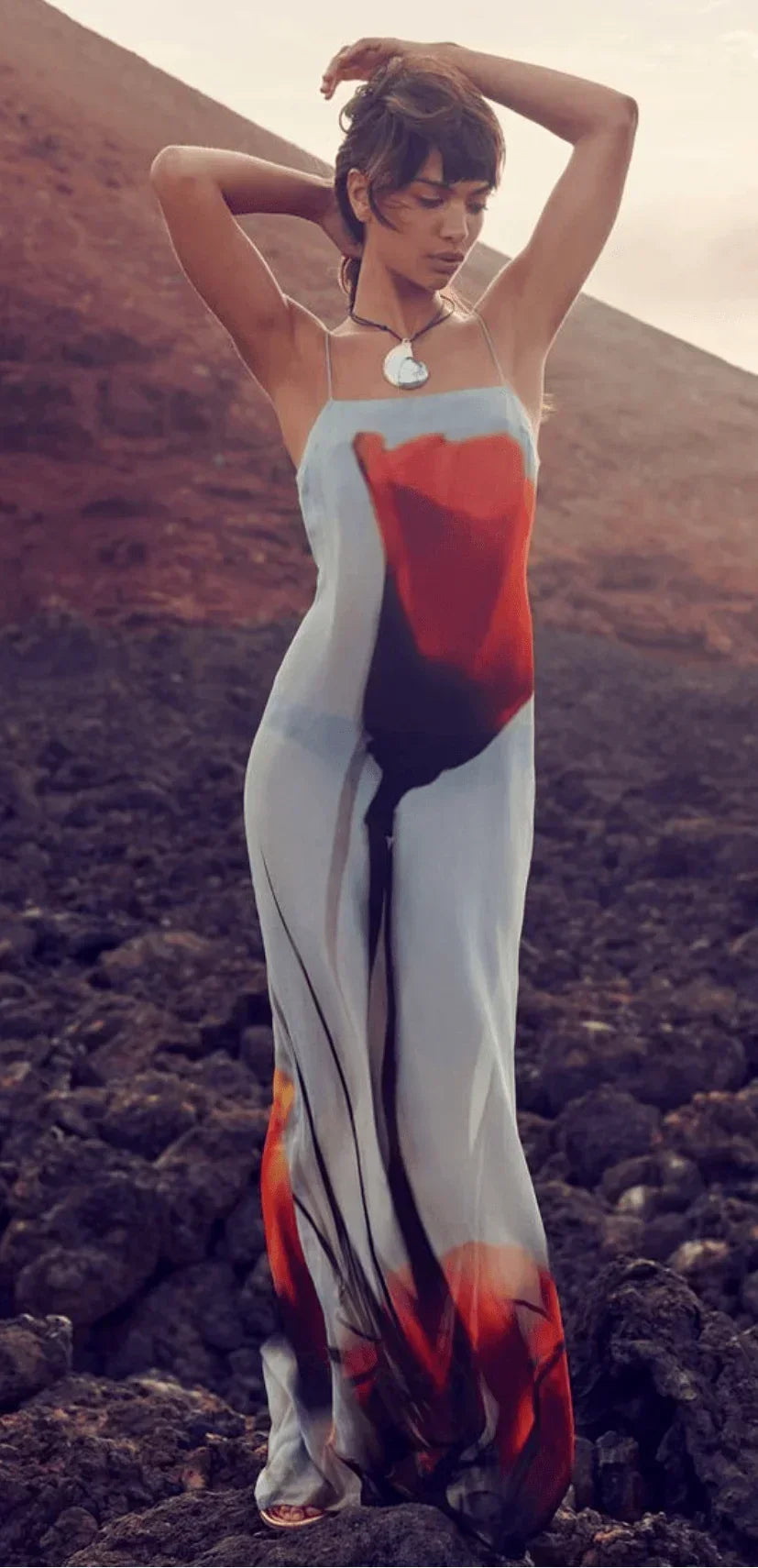 Vestido Maxi impreso en rojo y gris para mujer con tirantes finos