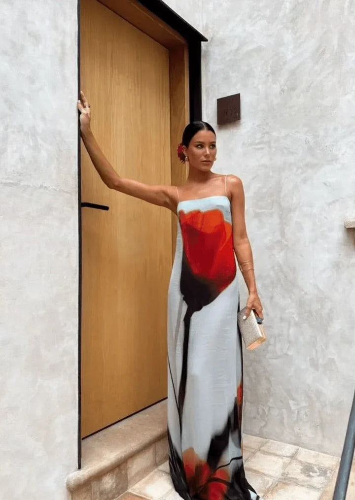 Vestido Maxi impreso en rojo y gris para mujer con tirantes finos