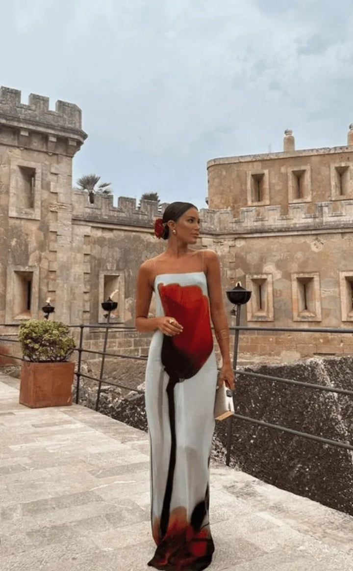 Vestido Maxi impreso en rojo y gris para mujer con tirantes finos