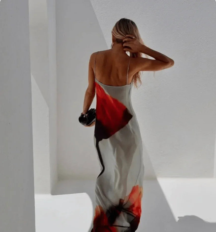 Vestido Maxi impreso en rojo y gris para mujer con tirantes finos