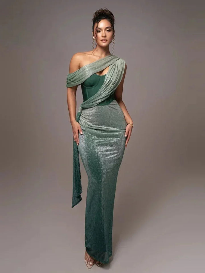 Vestido Maxi asimétrico brillante de noche con tirante