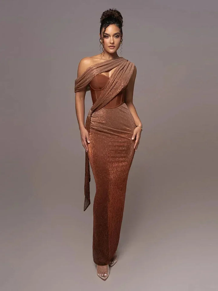 Vestido Maxi asimétrico brillante de noche con tirante