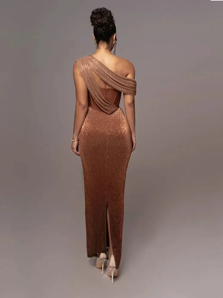 Vestido Maxi asimétrico brillante de noche con tirante