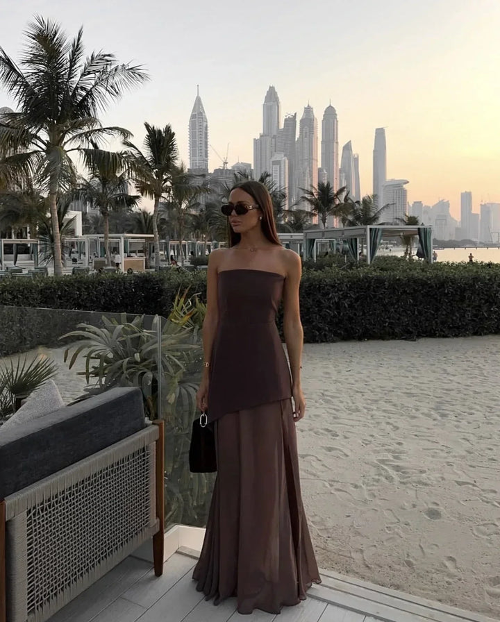 Vestido maxi sin mangas para mujer con abertura y corsé sin tirantes