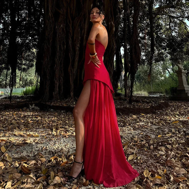 Vestido maxi sin mangas para mujer con abertura y corsé sin tirantes