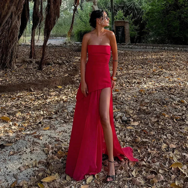 Vestido maxi sin mangas para mujer con abertura y corsé sin tirantes