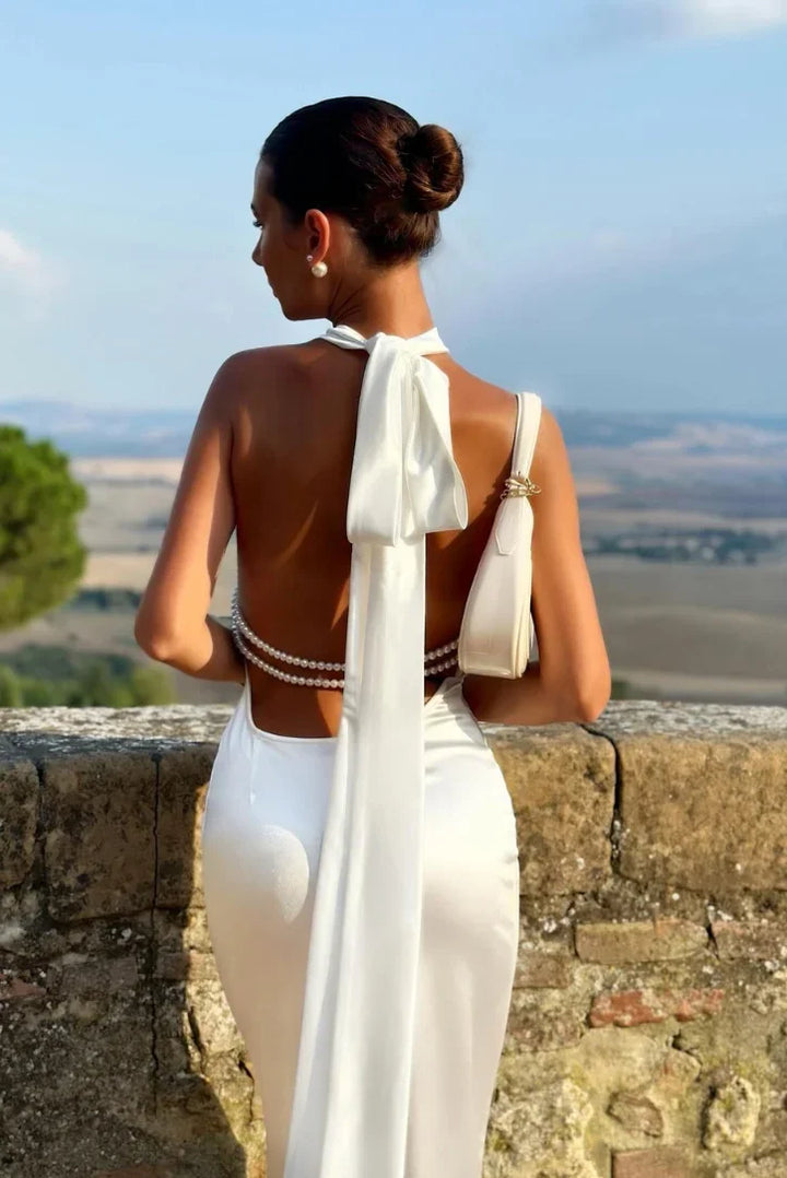 Vestido maxi blanco para mujer con espalda descubierta y lazo