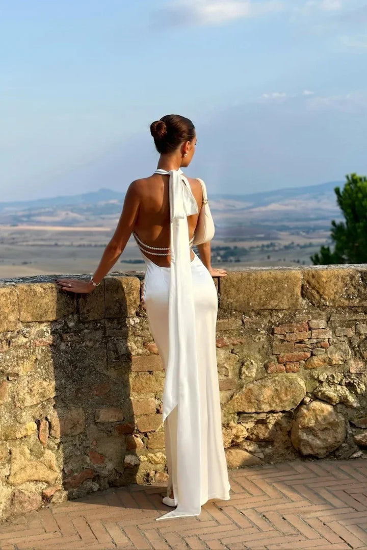 Vestido maxi blanco para mujer con espalda descubierta y lazo
