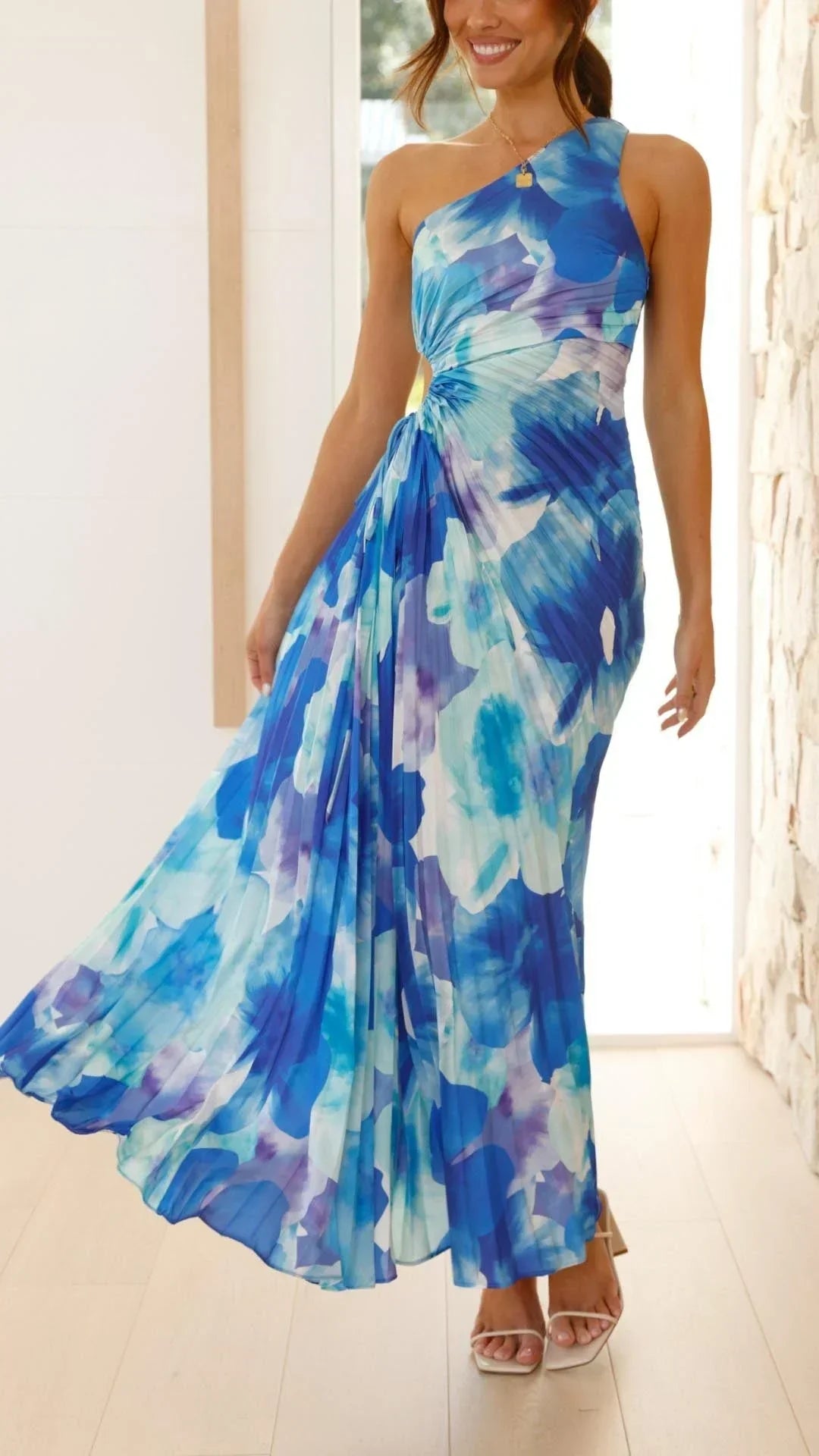 Vestido largo floral de una sola manga para mujer en azul para el verano