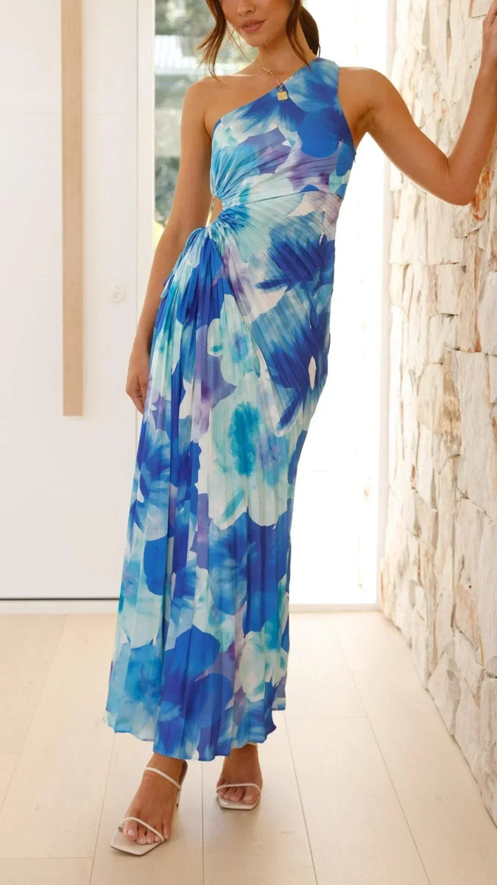 Vestido largo floral de una sola manga para mujer en azul para el verano