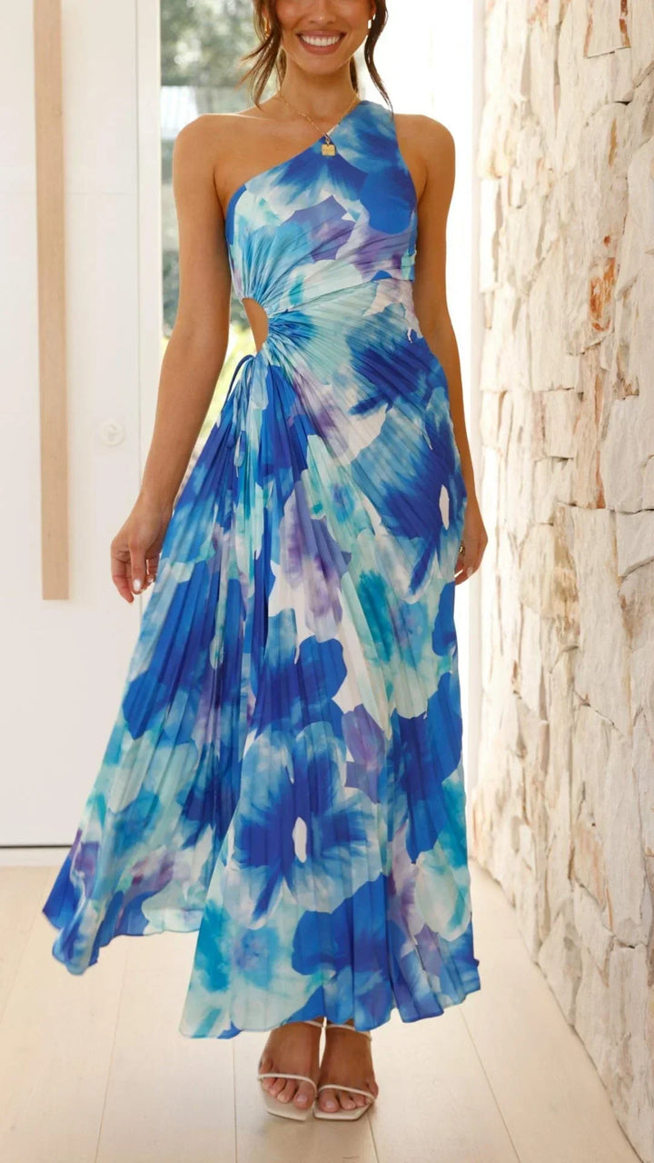 Vestido largo floral de una sola manga para mujer en azul para el verano