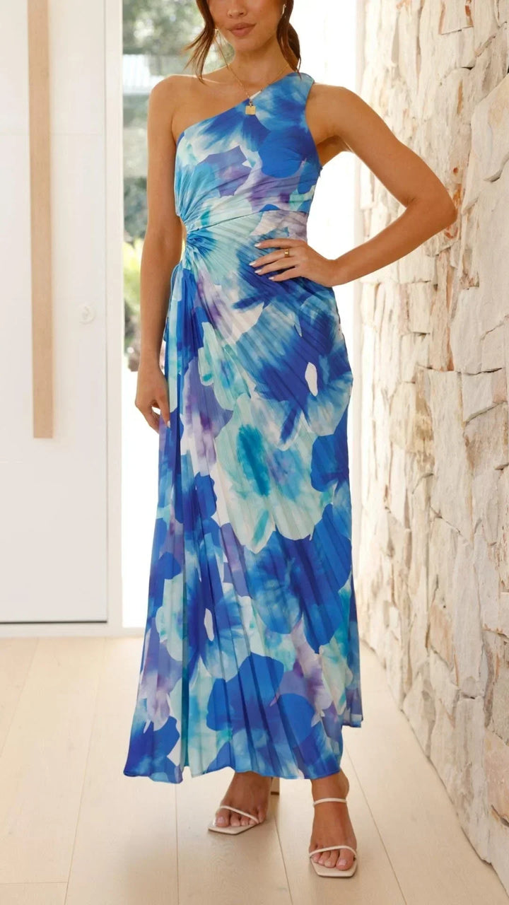Vestido largo floral de una sola manga para mujer en azul para el verano