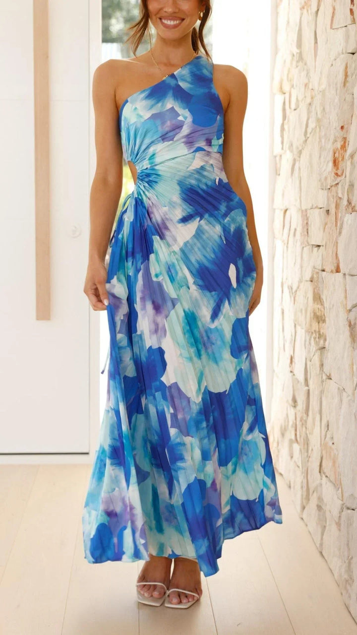 Vestido largo floral de una sola manga para mujer en azul para el verano