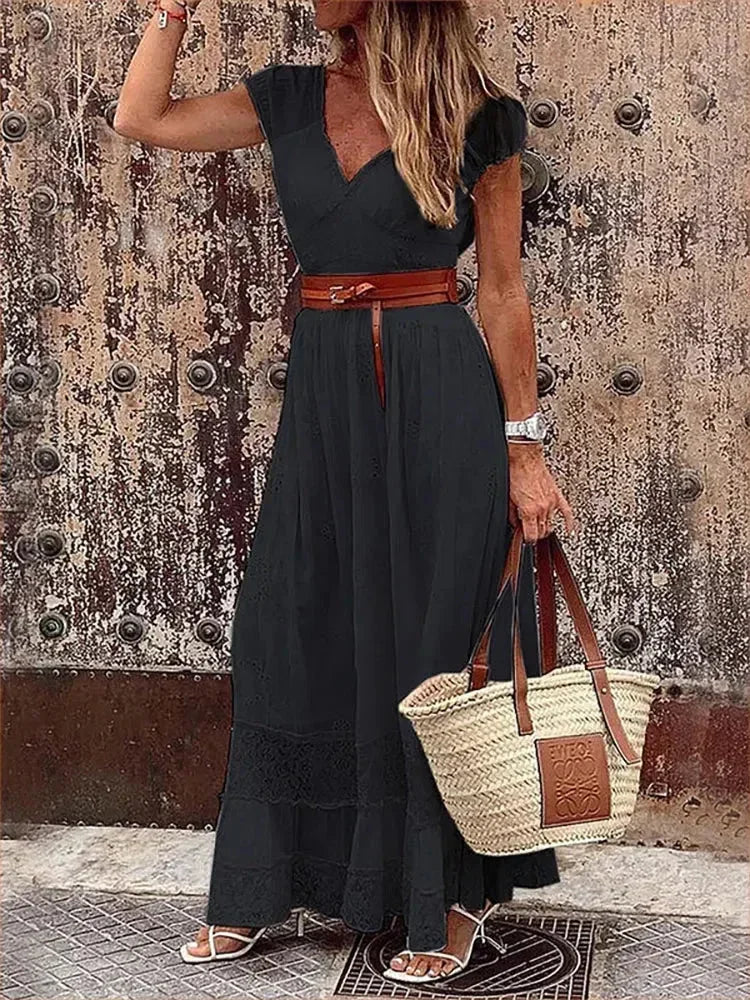 Vestido Maxi de mujer con encaje calado y cinturón