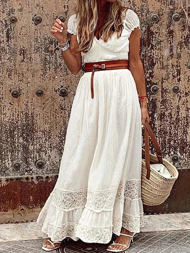 Vestido Maxi de mujer con encaje calado y cinturón