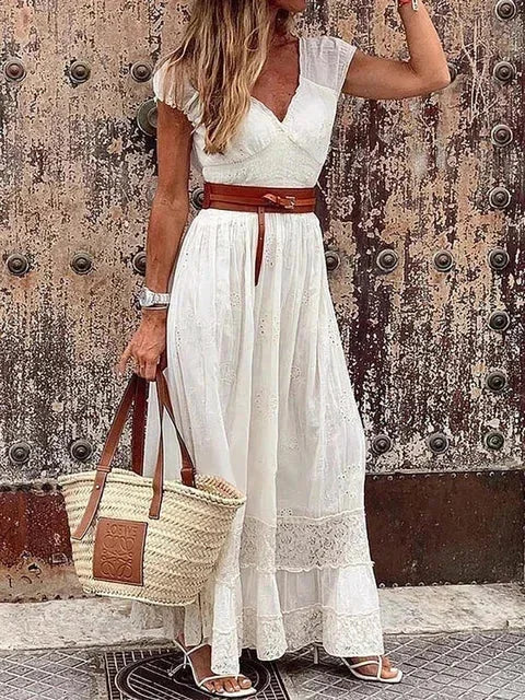 Vestido Maxi de mujer con encaje calado y cinturón