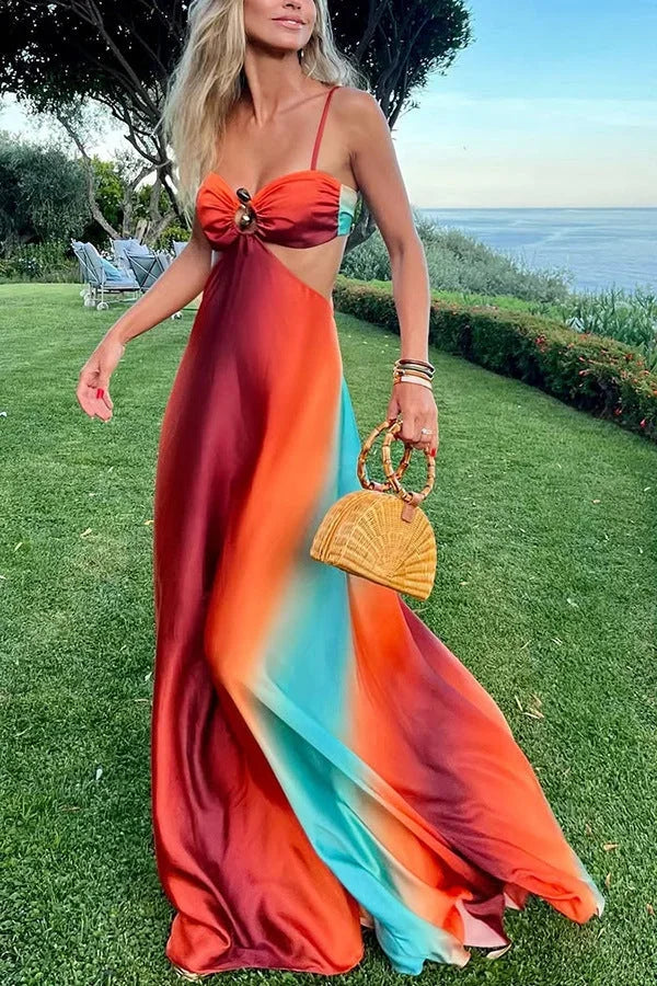 Vestido Maxi de mujer con ombré rojo y turquesa para las noches de verano