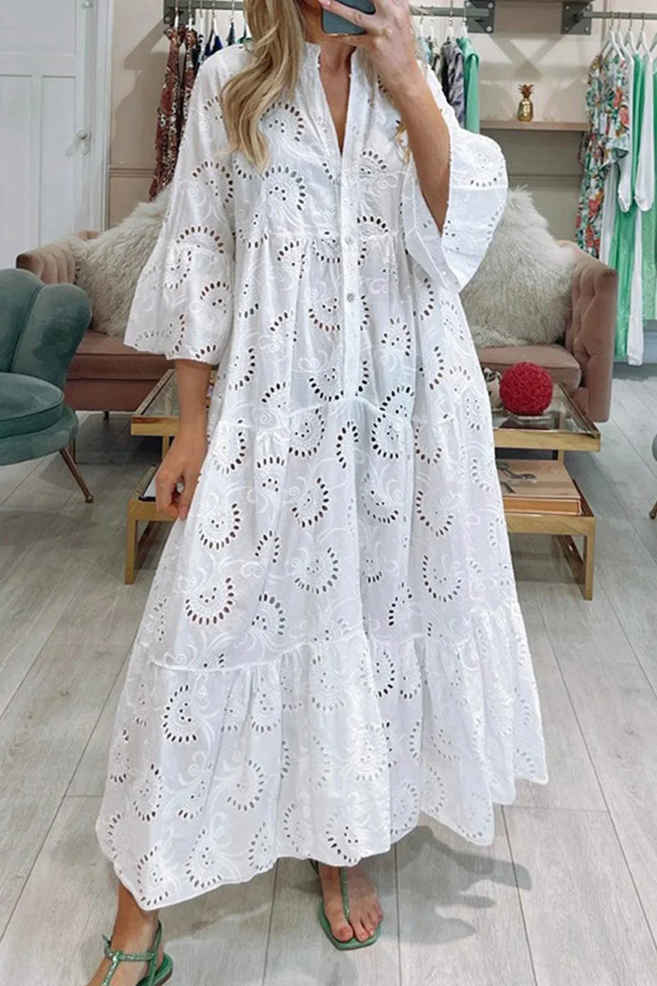Vestido Maxi de Calado, mangas 3/4, escote en V, verano