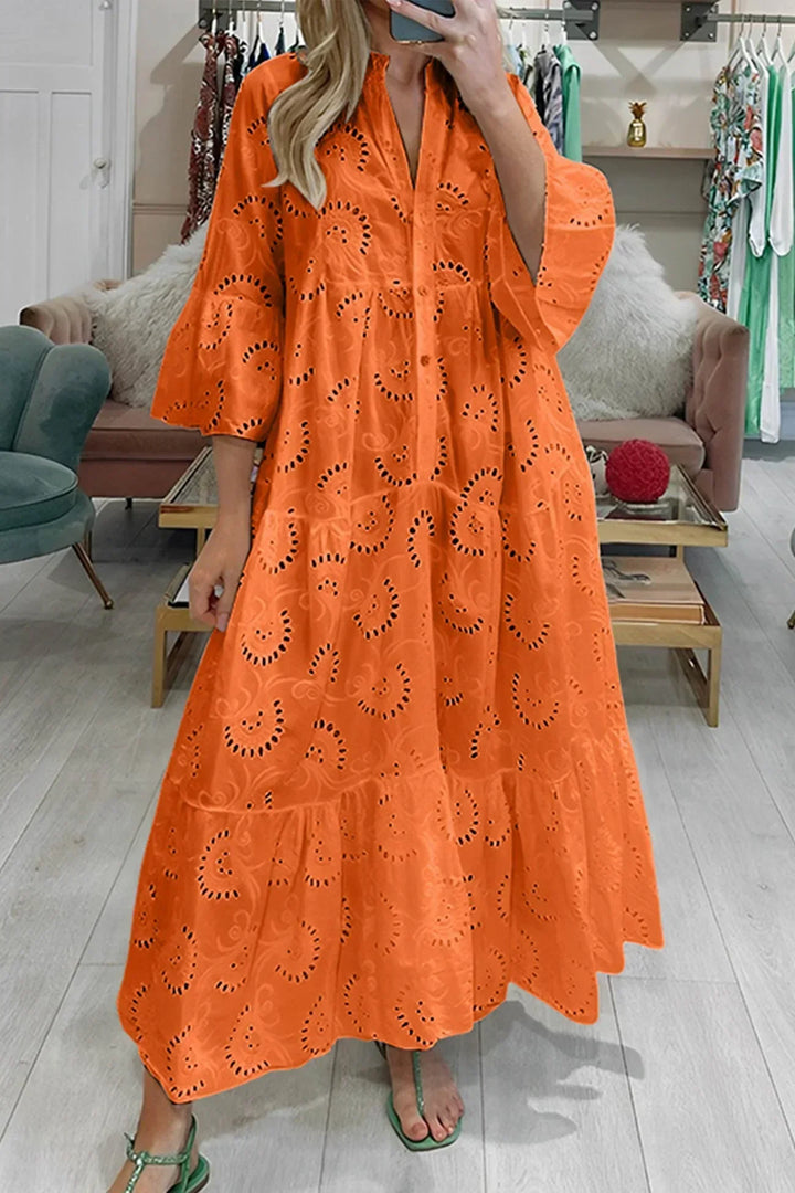 Vestido Maxi de Calado, mangas 3/4, escote en V, verano