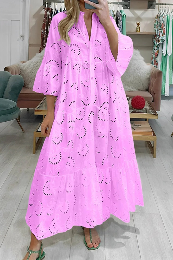 Vestido Maxi de Calado, mangas 3/4, escote en V, verano