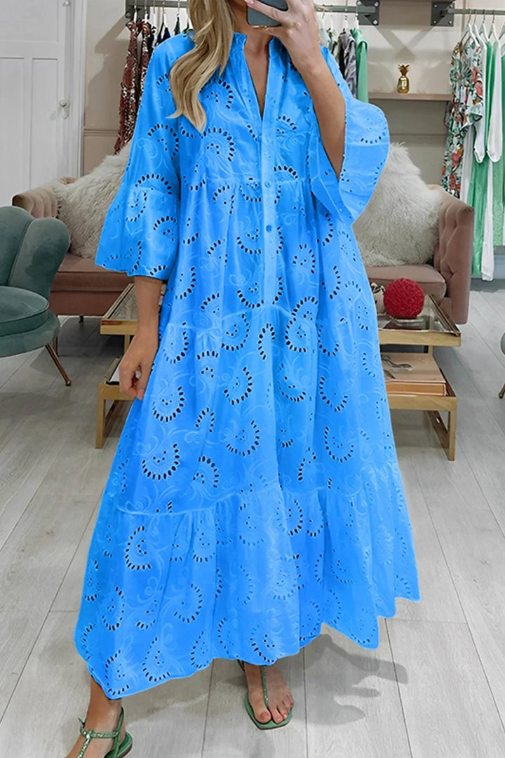 Vestido Maxi de Calado, mangas 3/4, escote en V, verano