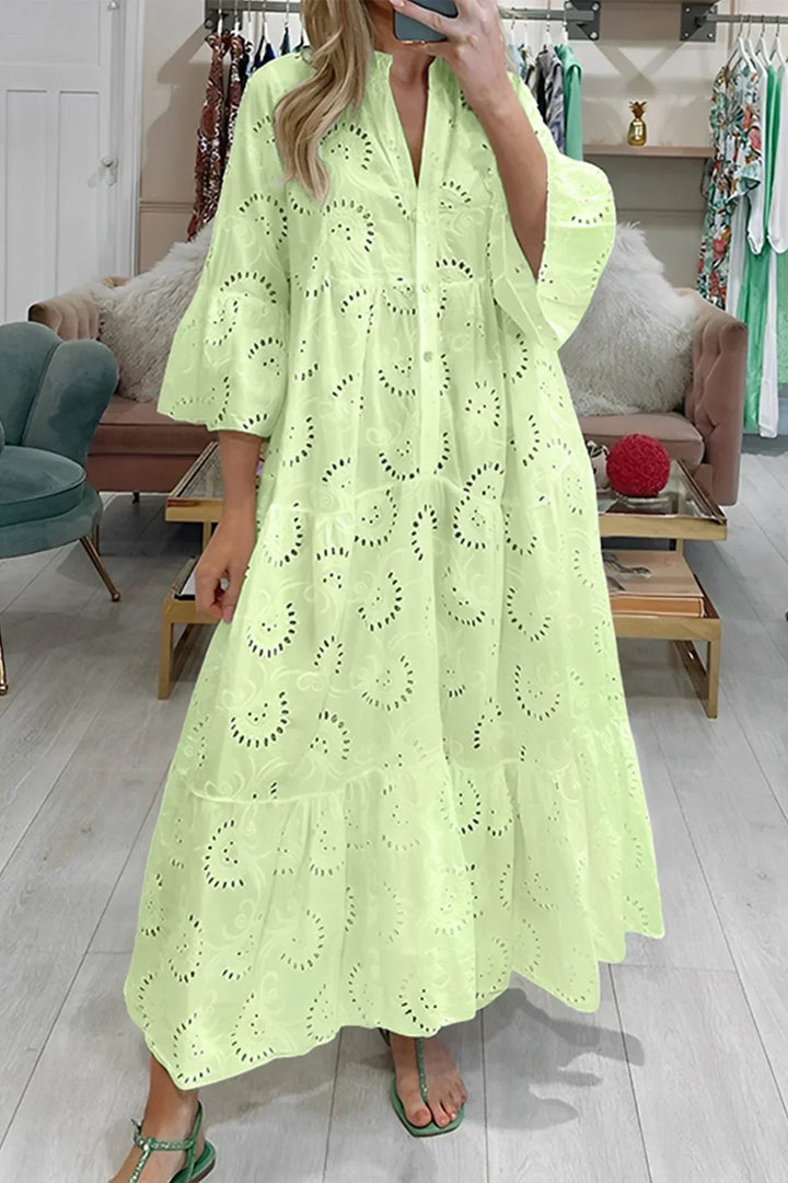Vestido Maxi de Calado, mangas 3/4, escote en V, verano