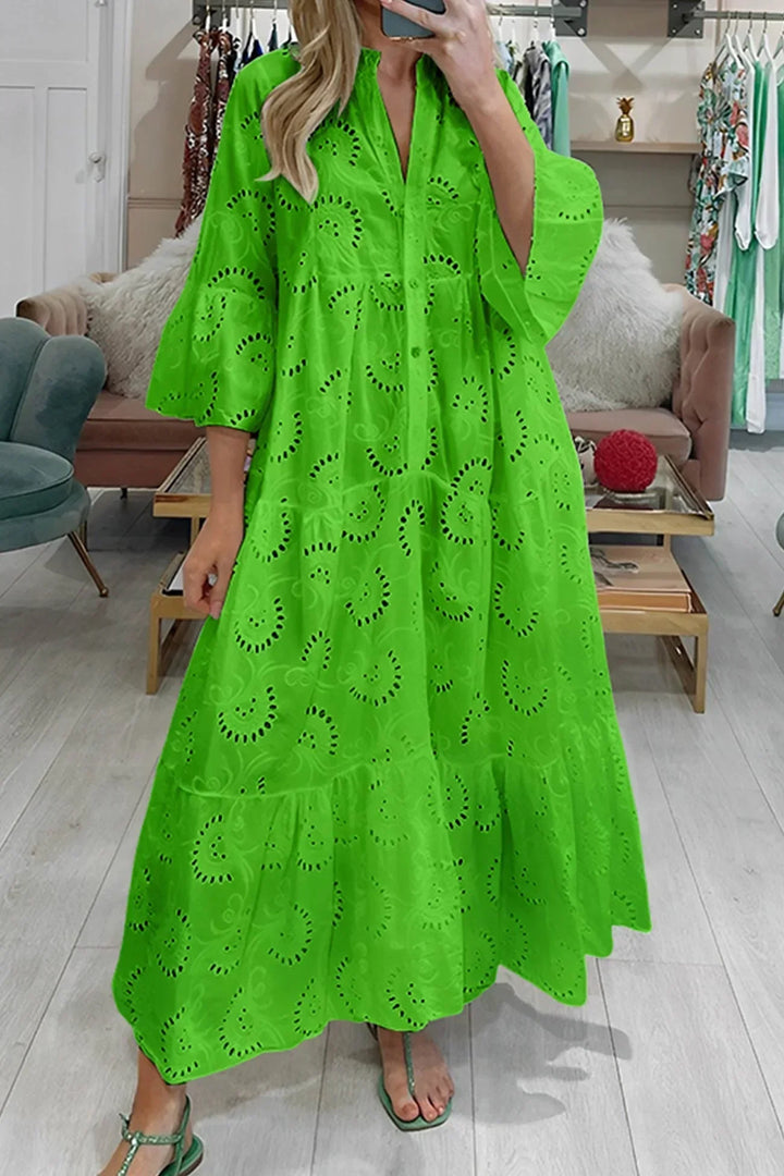 Vestido Maxi de Calado, mangas 3/4, escote en V, verano