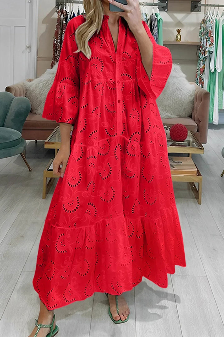 Vestido Maxi de Calado, mangas 3/4, escote en V, verano