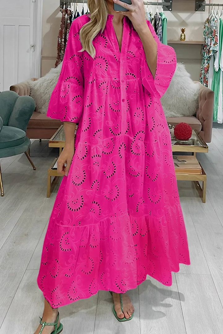 Vestido Maxi de Calado, mangas 3/4, escote en V, verano