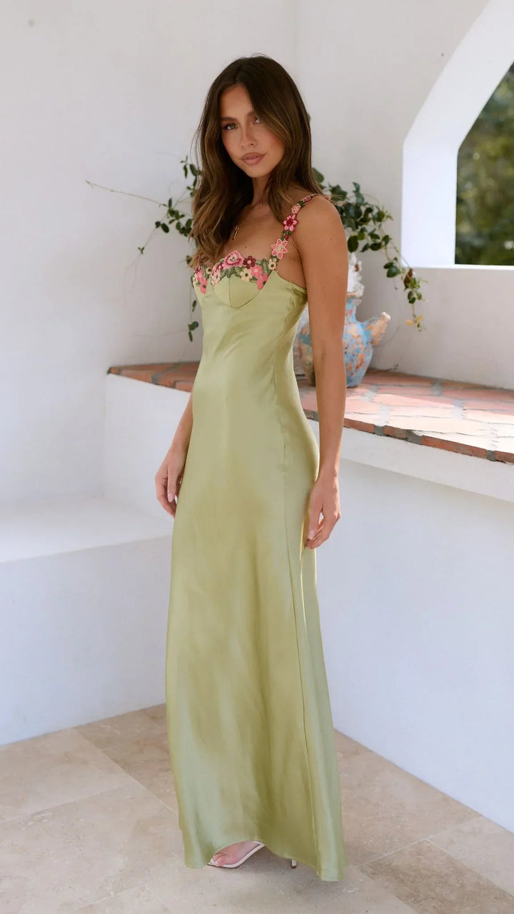 Vestido maxi floral verde claro con tirantes para mujer