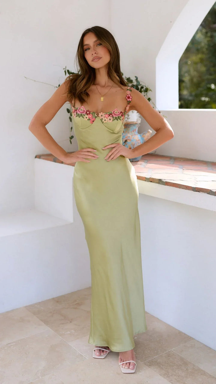 Vestido maxi floral verde claro con tirantes para mujer