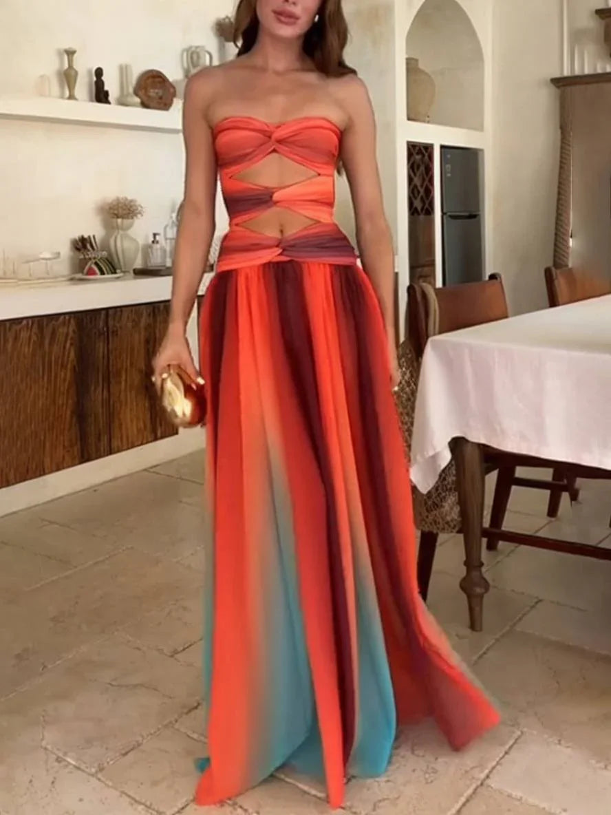 Vestido maxi fluido con degradado para mujer, con top bandeau fruncido y corte en la cintura