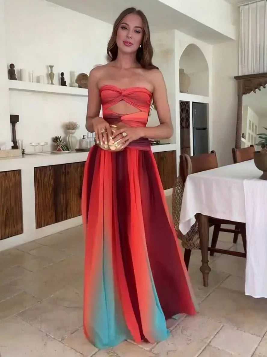 Vestido maxi fluido con degradado para mujer, con top bandeau fruncido y corte en la cintura
