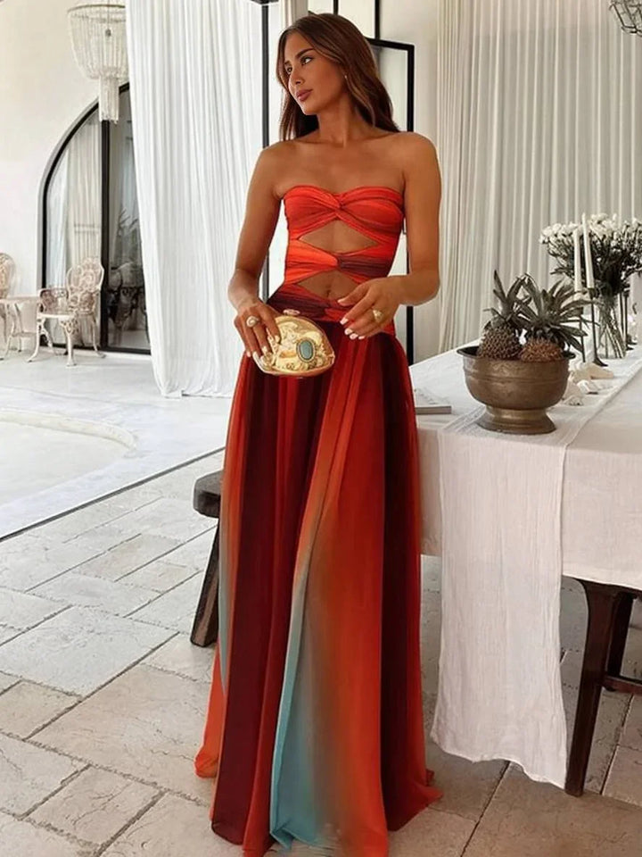 Vestido maxi fluido con degradado para mujer, con top bandeau fruncido y corte en la cintura