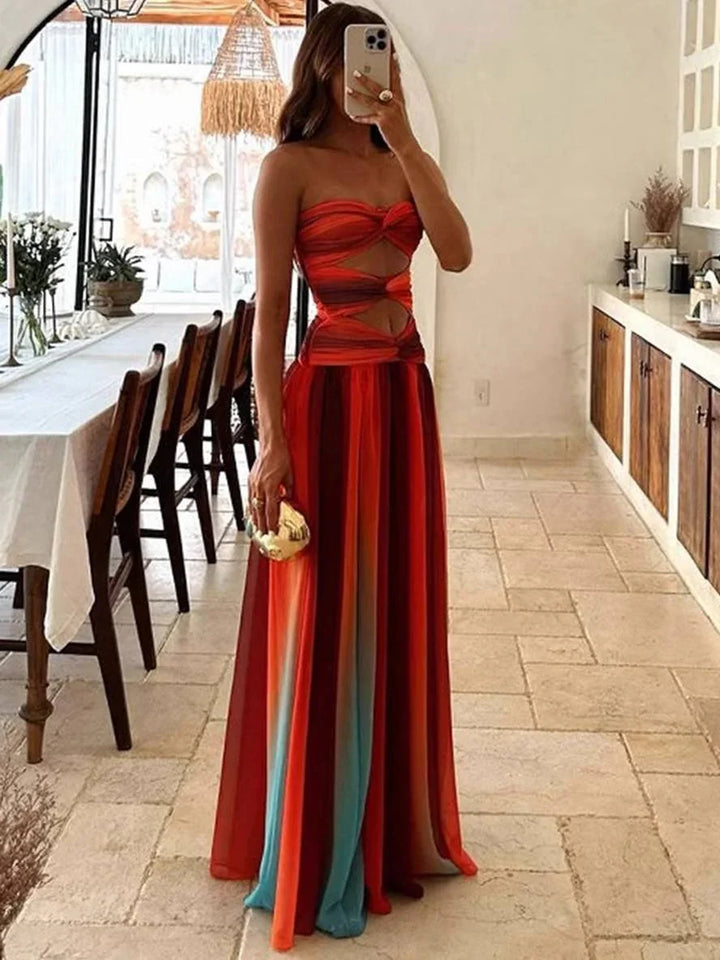 Vestido maxi fluido con degradado para mujer, con top bandeau fruncido y corte en la cintura