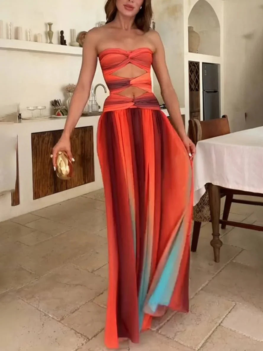 Vestido maxi fluido con degradado para mujer, con top bandeau fruncido y corte en la cintura