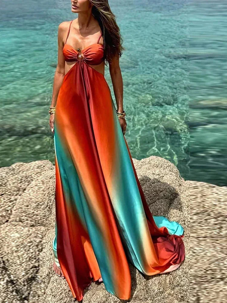 Vestido maxi mujer naranja turquesa degradado con cortes