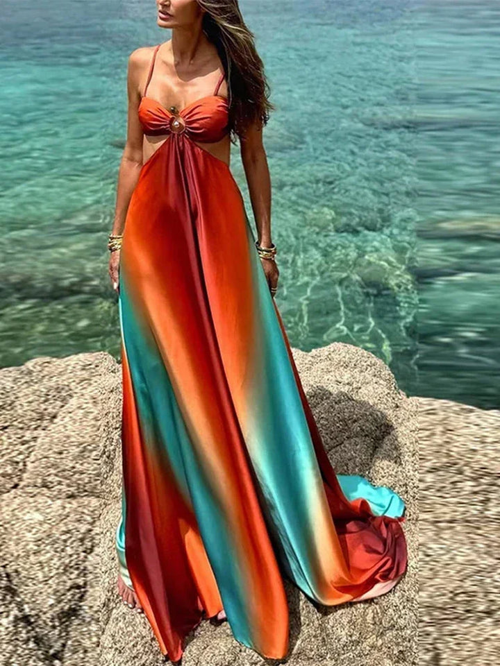 Vestido maxi mujer naranja turquesa degradado con cortes
