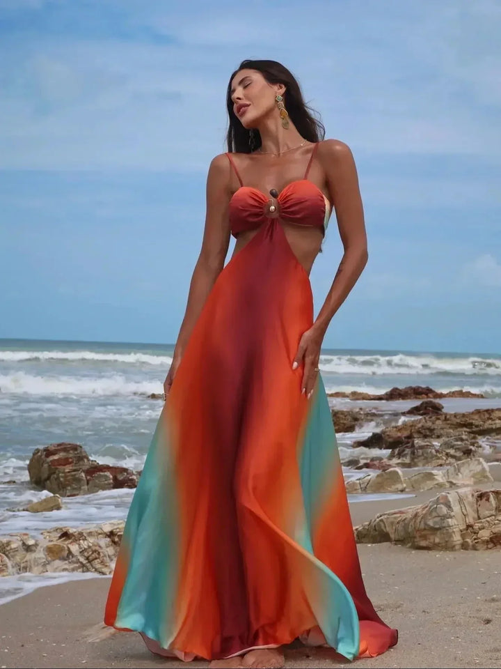 Vestido maxi mujer naranja turquesa degradado con cortes