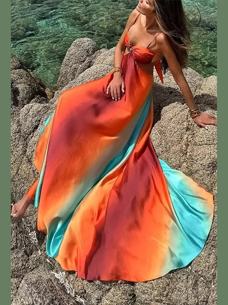 Vestido maxi mujer naranja turquesa degradado con cortes