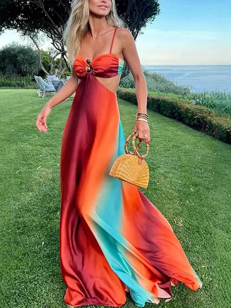 Vestido maxi mujer naranja turquesa degradado con cortes