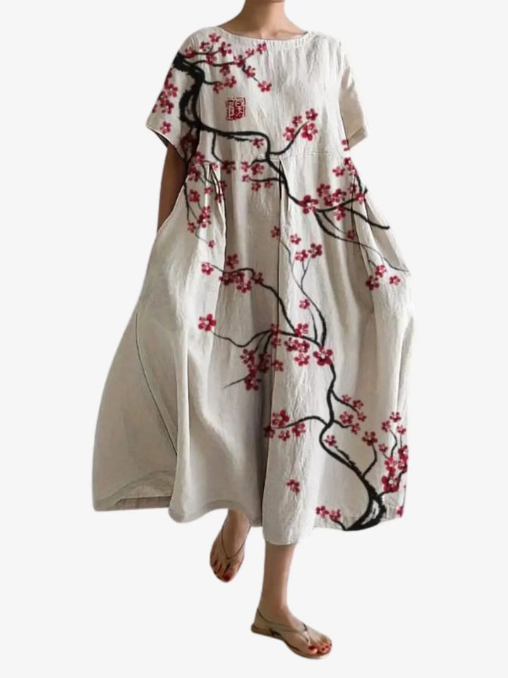 Vestido Maxi Floral Suelto para Mujeres con Mangas Cortas y Bolsillos