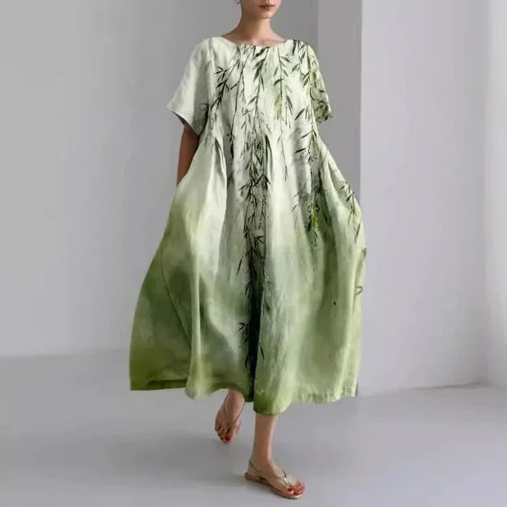 Vestido Maxi Floral Suelto para Mujeres con Mangas Cortas y Bolsillos