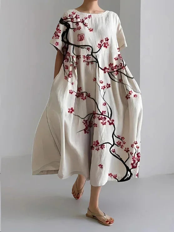 Vestido Maxi Floral Suelto para Mujeres con Mangas Cortas y Bolsillos