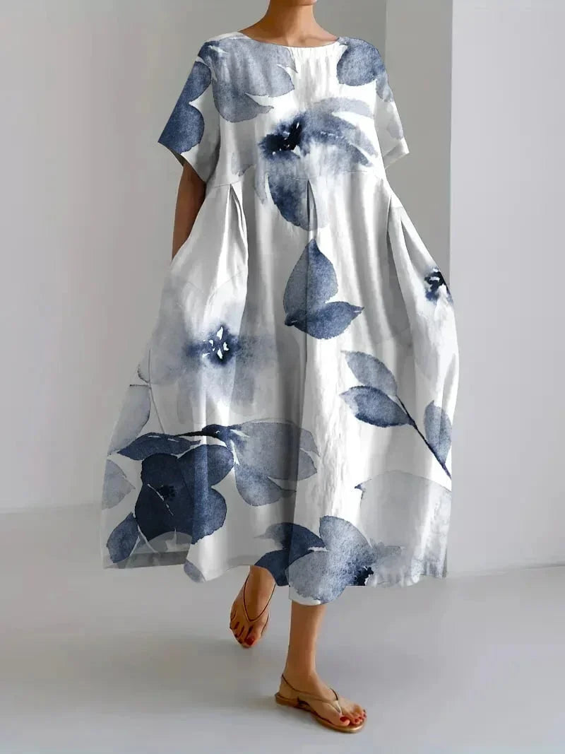 Vestido Maxi Floral Suelto para Mujeres con Mangas Cortas y Bolsillos