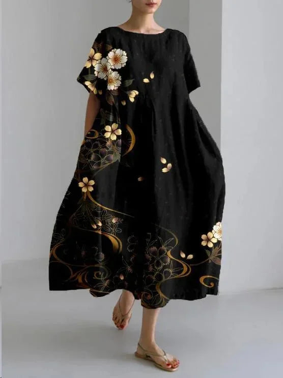 Vestido Maxi Floral Suelto para Mujeres con Mangas Cortas y Bolsillos