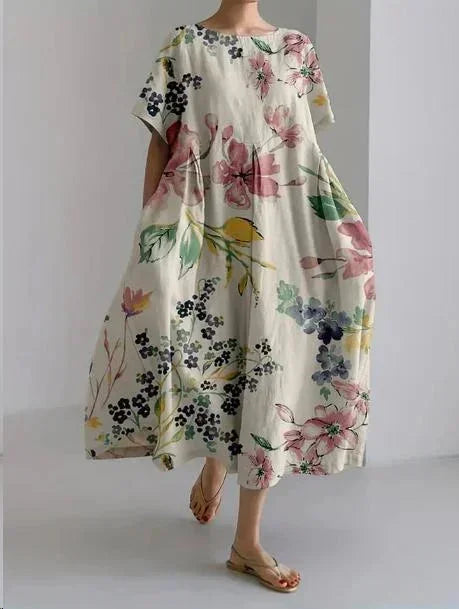 Vestido Maxi Floral Suelto para Mujeres con Mangas Cortas y Bolsillos