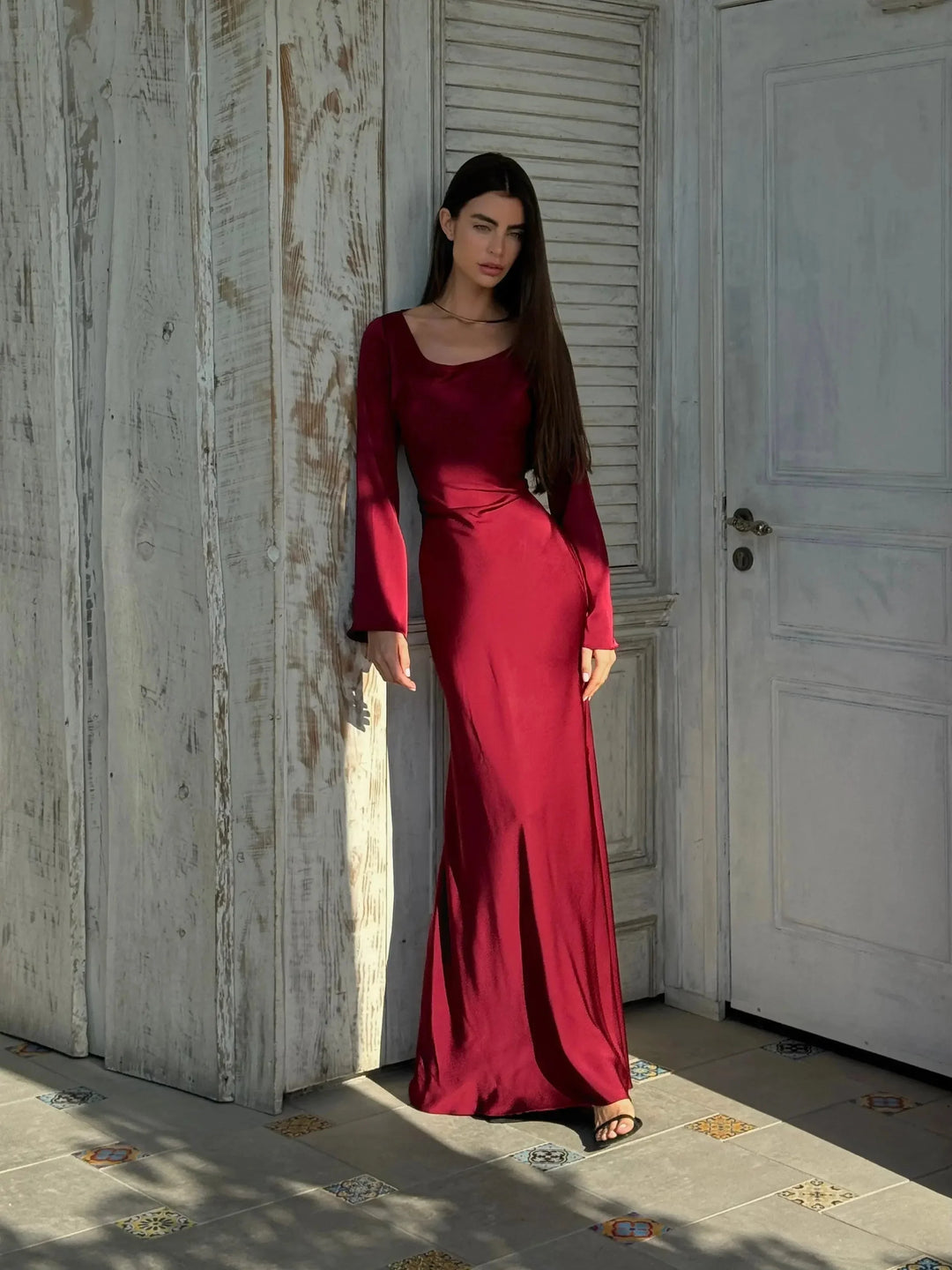 Vestido maxi de mujer con mangas largas para invitada de boda