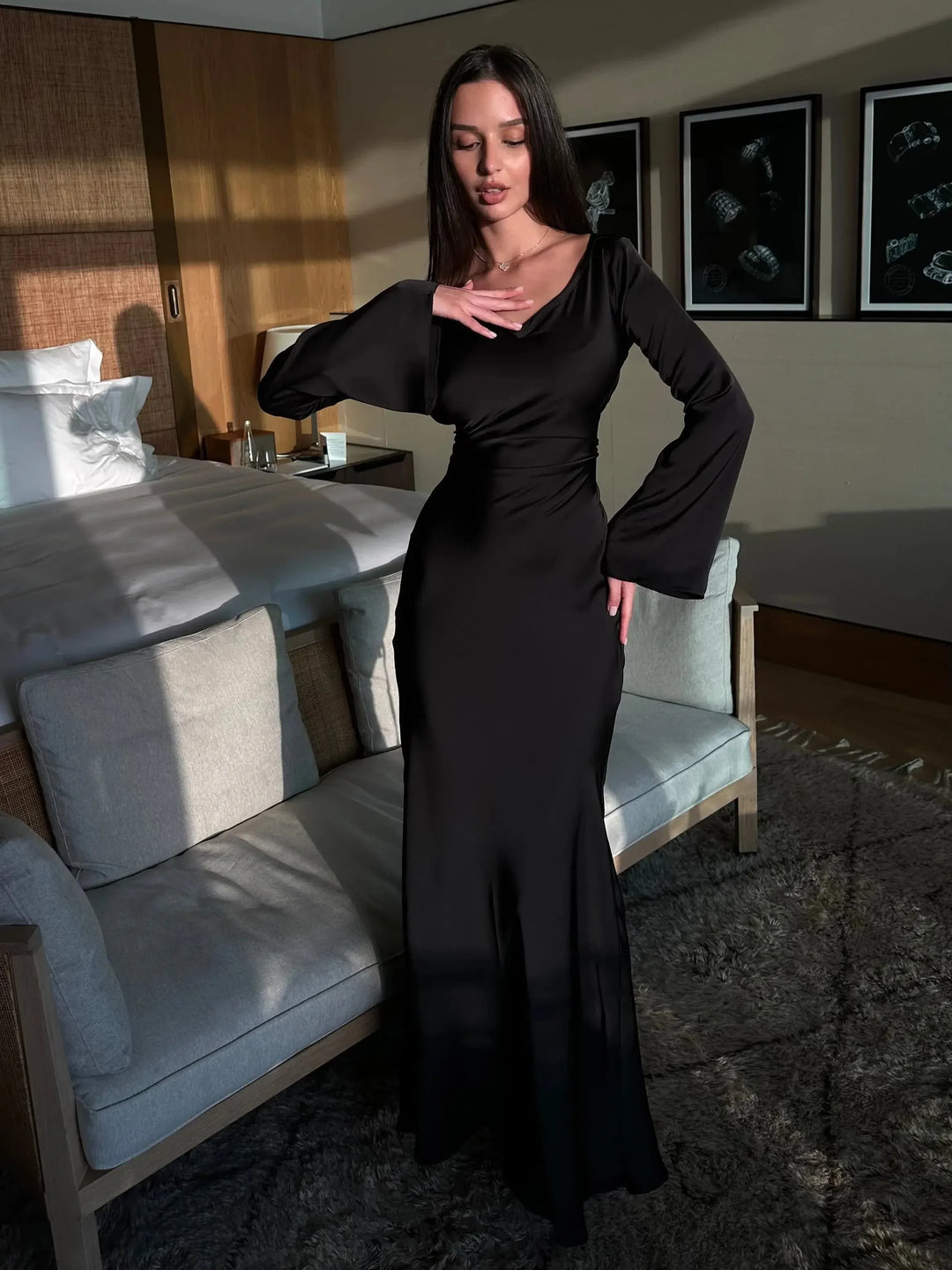 Vestido maxi de mujer con mangas largas para invitada de boda
