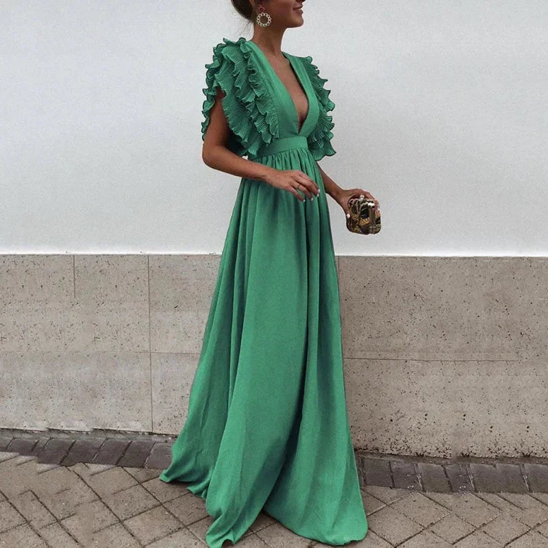 Vestido maxi de mujer Flowy con mangas y escote con volantes
